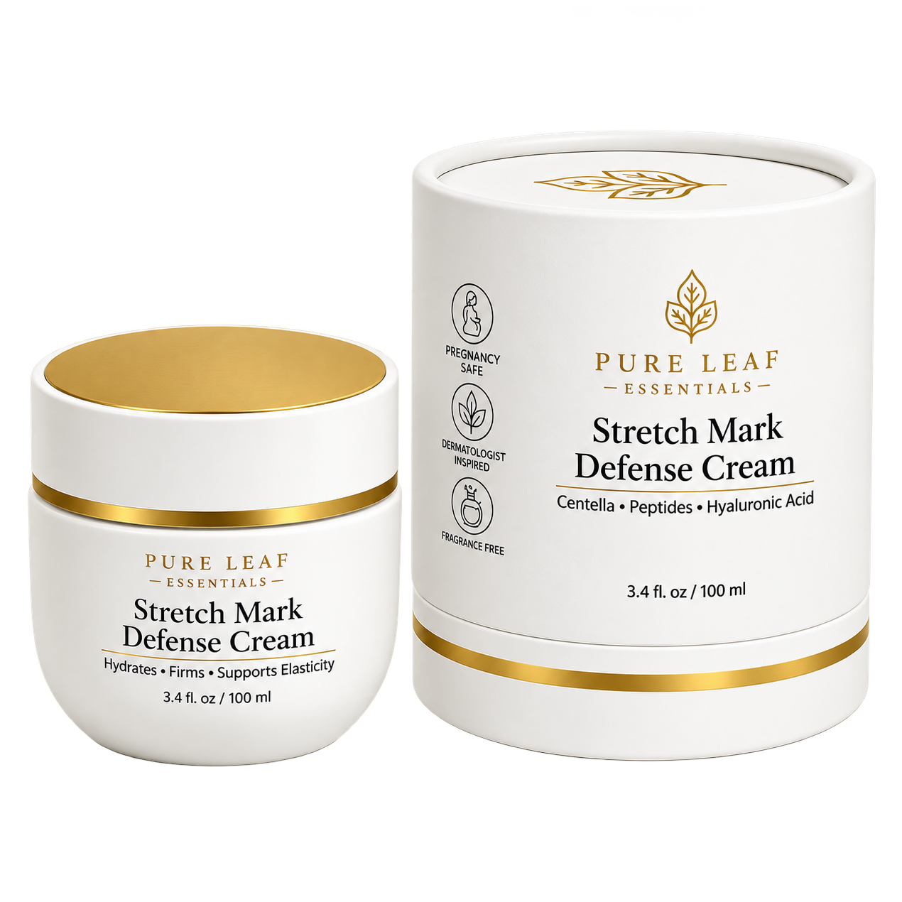 Stretch Mark Defense Cream jar beside its cylinder gift box
