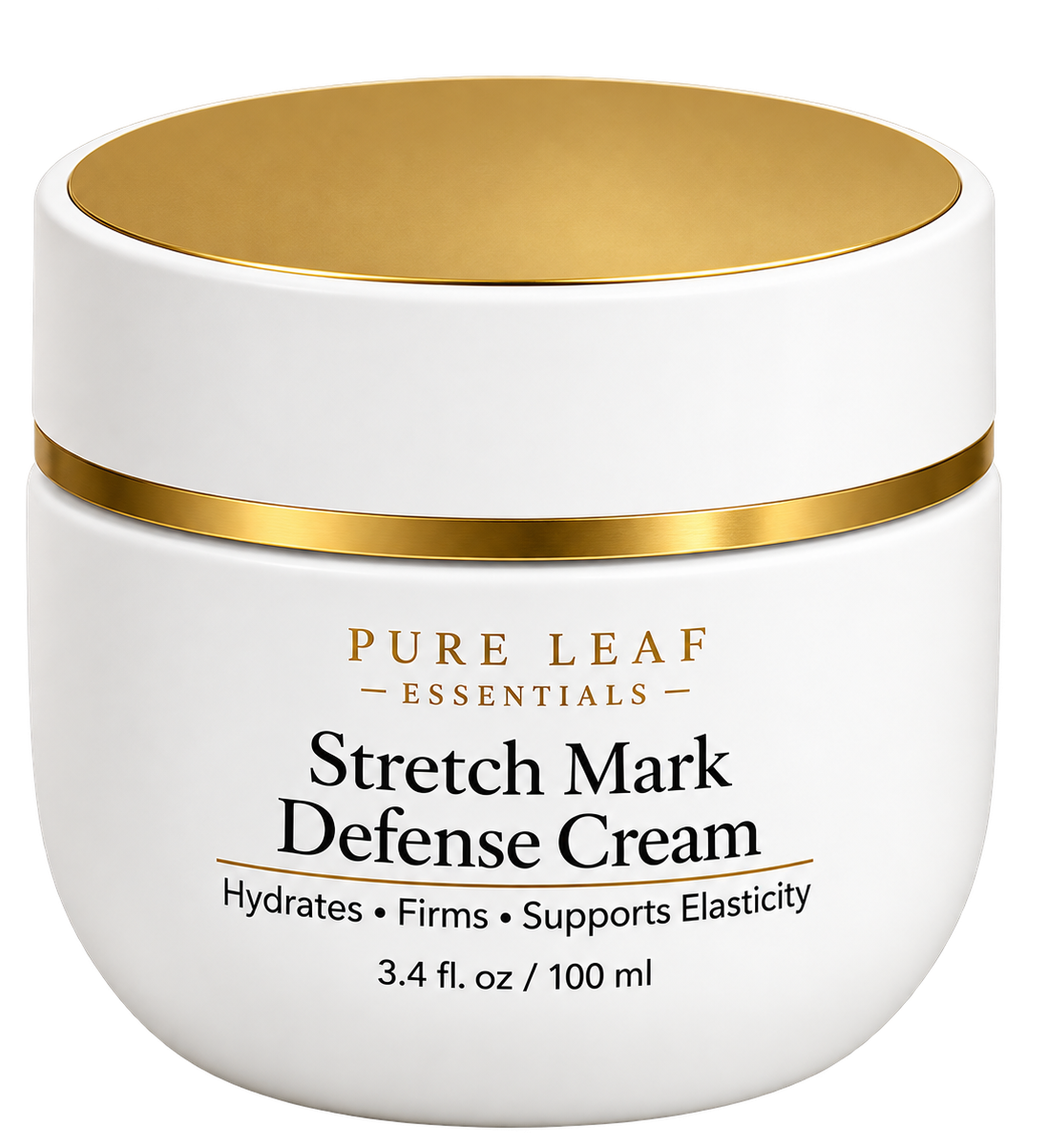 Pure Leaf Essentials Stretch Mark Defense Cream — white glass jar with gold lid